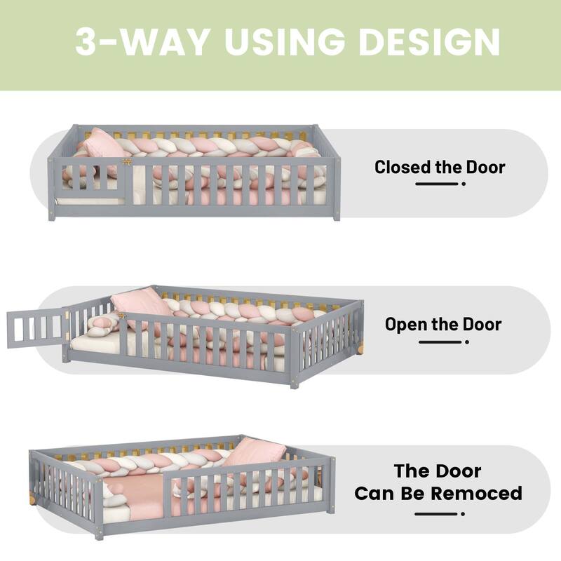 Twin/Full/Queen Size Floor Bed with Safety Guardrails for Kids, Wood Montessori Bedframe w/ Door, Children's Noiseless Beds