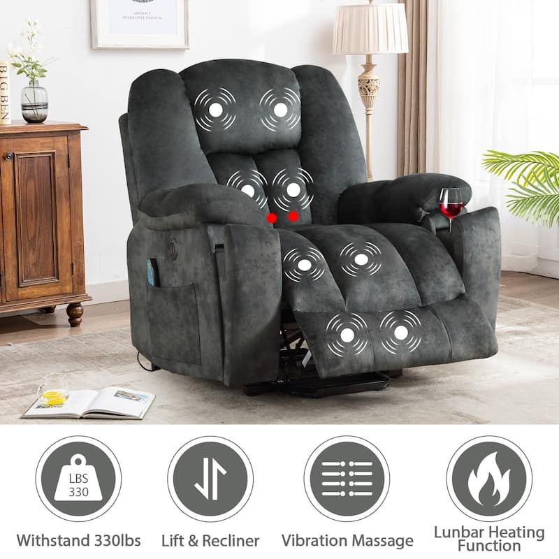 Oversized Power Assist Lift Recliner Chair With Massage and Heating with 2 Concealed Cup Holders for Elderly