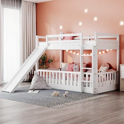 Twin Over Twin Pine Bunk Bed with Slide and Guardrail