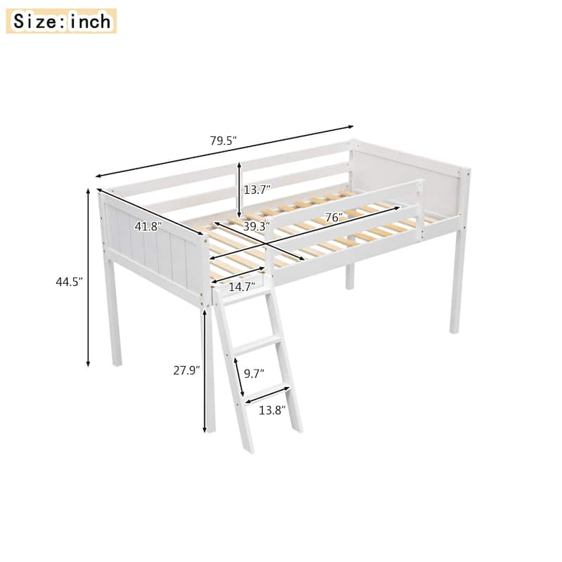 Solid Wood Low Loft Bed with Ladder and Fence