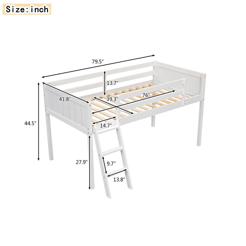 White Twin Size Low Loft Bed with Convertible Ladder, No Box Spring Needed, Easy Assembly