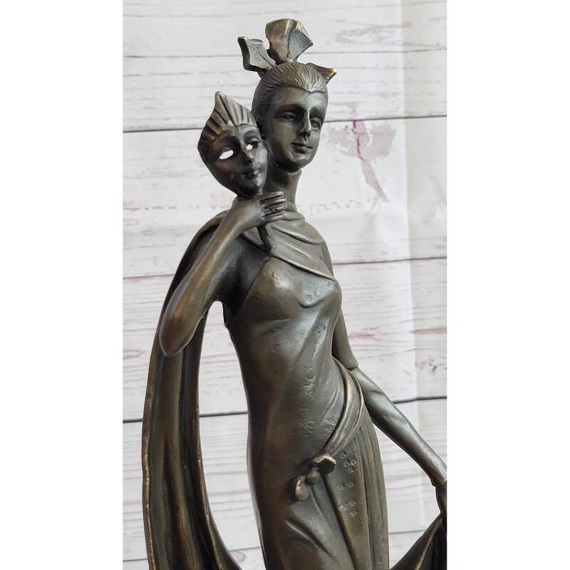 Masquerade Ball Art Deco Bronze Statue Sculpture Figure Holding Mask 14 Inches X 7 Inches