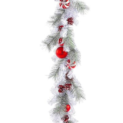 Christmas 6 ft. Garland w/ Pinecones, Red/White Ornaments - 6 Ft.