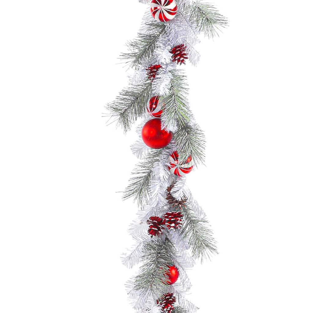 Christmas 6 ft. Garland w/ Pinecones, Red/White Ornaments - 6 Ft.