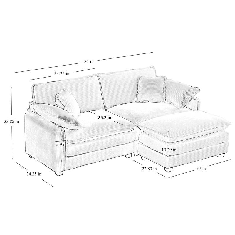 Tan 3-Piece Corduroy L-Shaped Modular Sectional Sofa, Removable Ottoman & 4 Pillows