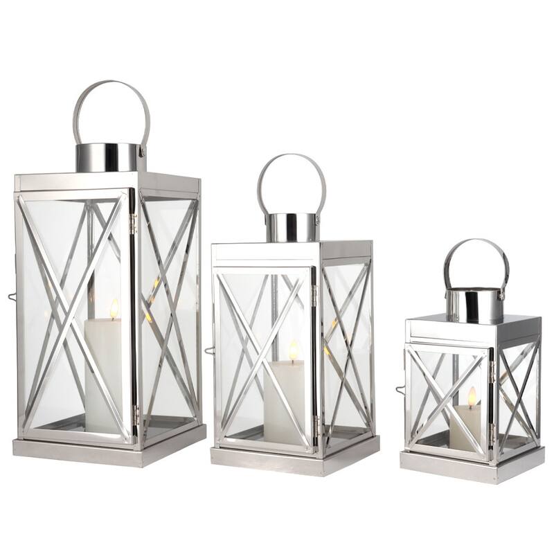 Set of Three Clear And Silver Glass And Stainless Steel Tabletop Lantern Candle Holders