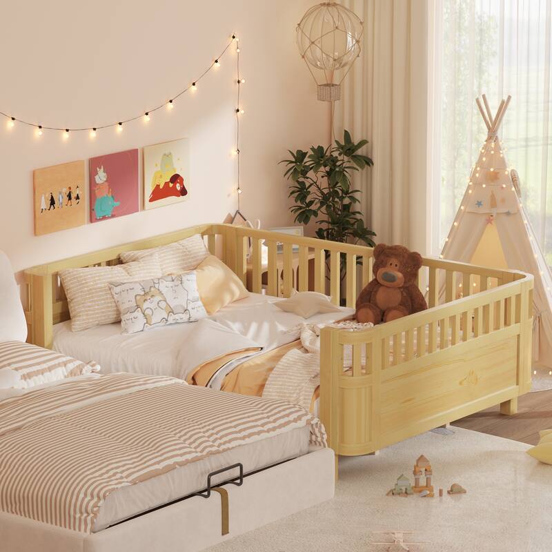 Roomfitters Queen Platform Bed, Low Profile Slatted Daybed with Wooden Frame and Removable Guardrails for Bedrooms