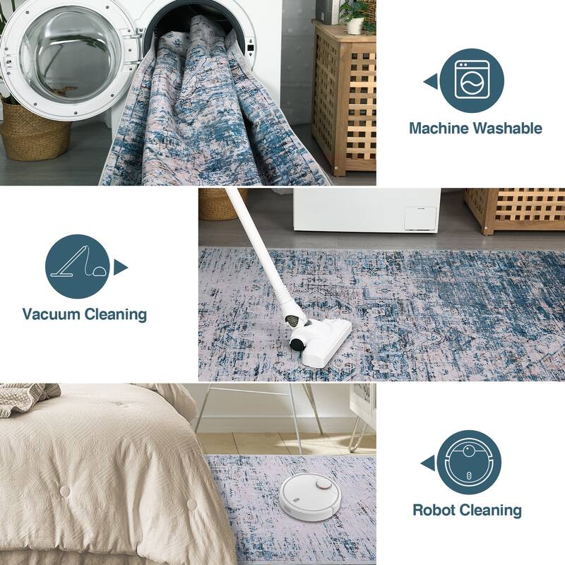 Ombre Vintage Area Rug Distressed Washable Living Room Bedroom Rug Indoor Carpet Ultra-Thin Soft Rug Non-Slip