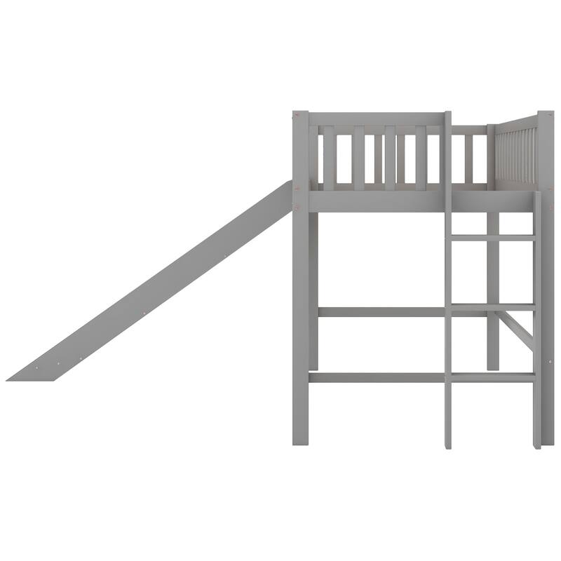 Gray Twin Low Loft Bed with Removable Slide and Space-Saving Ladder
