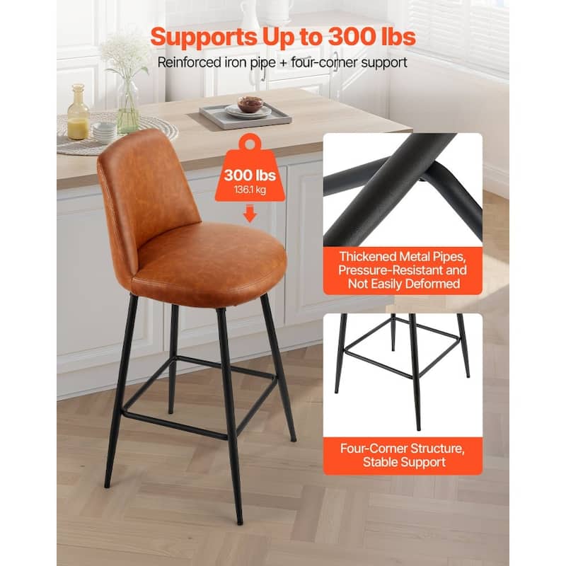 Brown PU Leather Cushion Swivel Counter Height Bar Stool with Iron Pipe Frame and Footrest for Kitchen Island