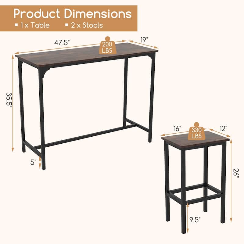 Space-Saving 3-Piece Counter Height Dining Table with 2 Stools for Home Bar or Breakfast Nooks