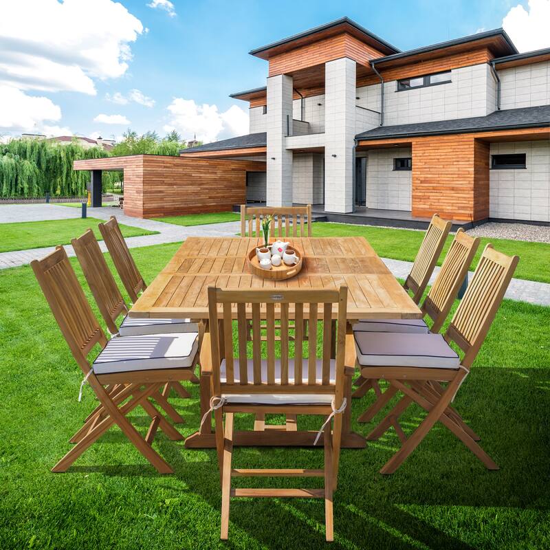 Chic Teak 9 Piece Teak Wood Santa Barbara Patio Dining Set w/ Rectangular Extension Table, 8 Folding Arm and Side Chairs
