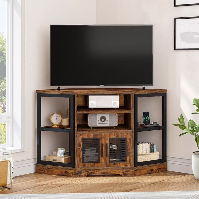Rustic Corner TV Stand Media Console with Charging Station - 47 inches in width