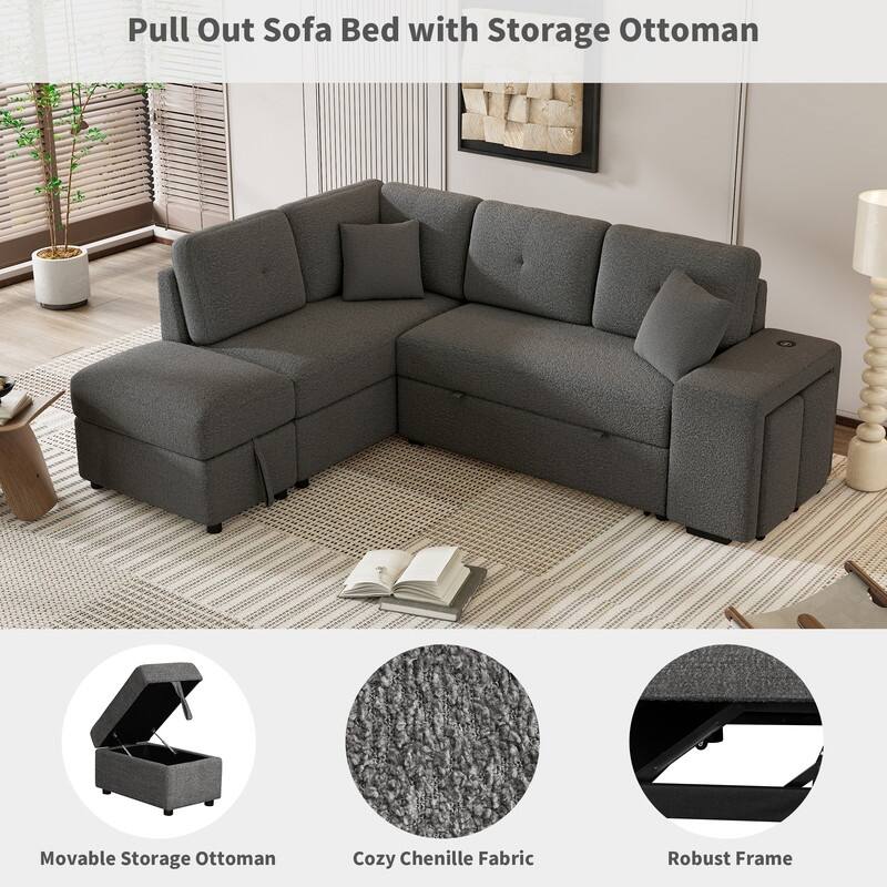 87.7" Modern Sectional Sofa with Pull Out Bed, Convertible Sleeper Sofa with Storage Ottoman,Stools and Pillows