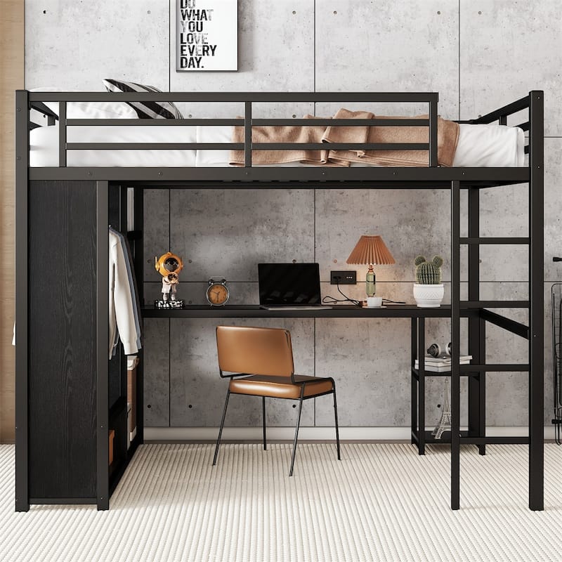 Black Metal Loft Bed Frame with Built-In Wardrobe, Desk and Shelves