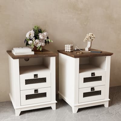 Farmhouse Nightstand Set of 2 with Charging Station, End Table