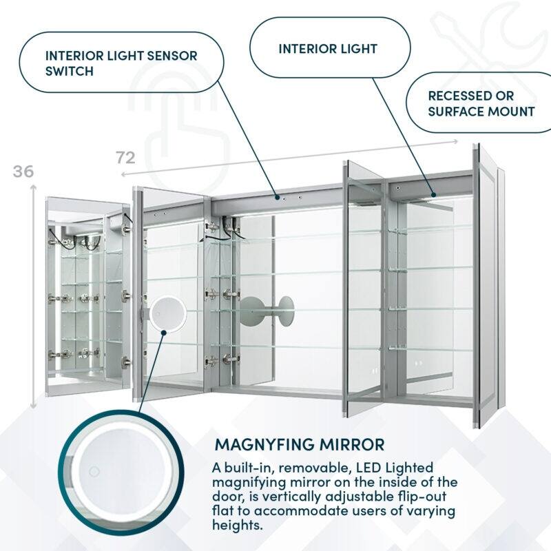 AQUADOM Signature Royale 72W LED Medicine Cabinet Defogger, 3X LED Vertically Adjustable Magnifying Mirror, Electrical Outlets