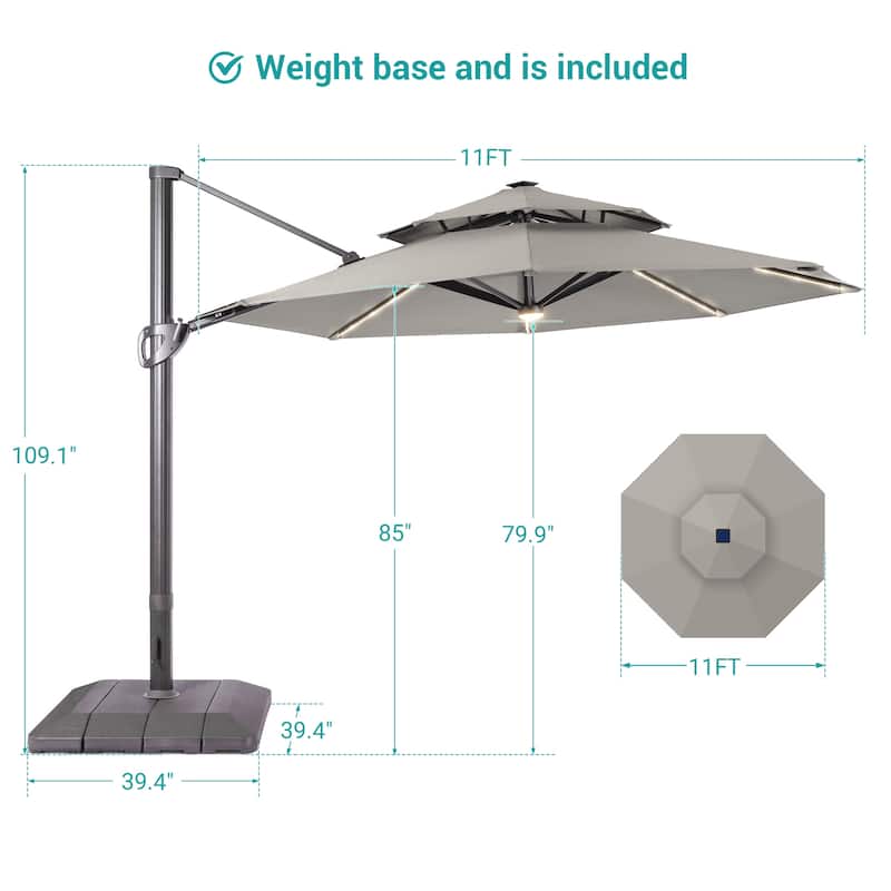 BONOSUKI 11Ft LED Double Top Aluminum LED Cantilever Patio Umbrella with Base for Patio Deck Garden, Red