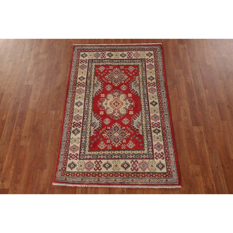 Geometric Kazak Accent Rug Handmade Red Wool Carpet - 3'2"x 5'0"