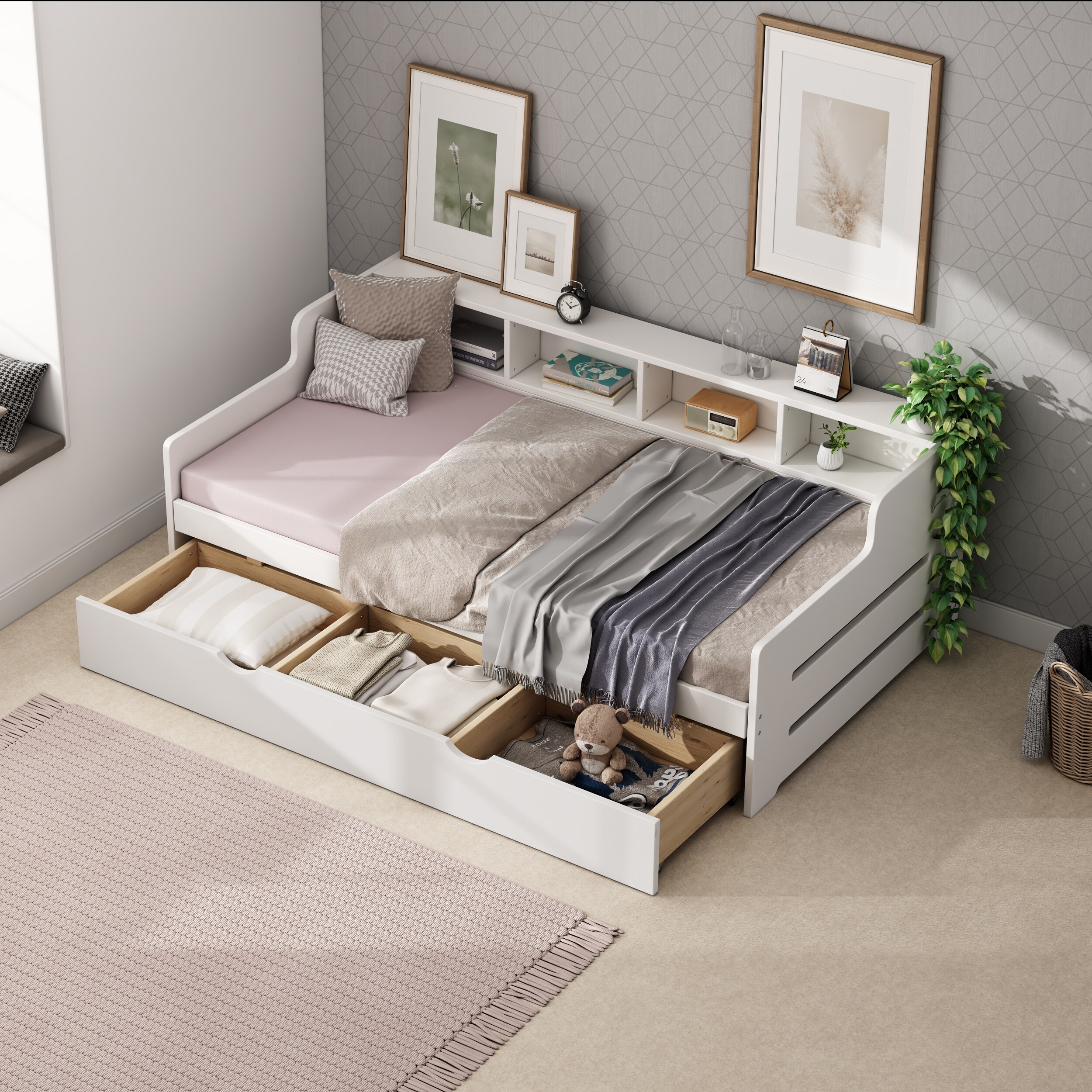 Twin Size Wooden Daybed Bed with Trundle and Storage Shelves Drawers for Guest Room Small Bedroom Study Room