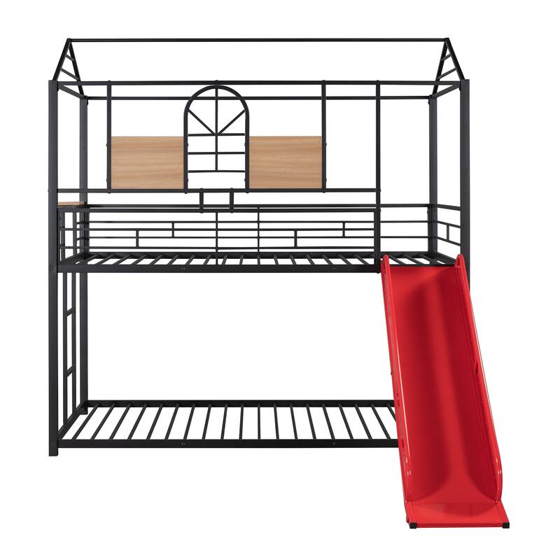 Twin Size Metal House Bunk Bed w/Slide, Metal Twin Over Twin Bedframe