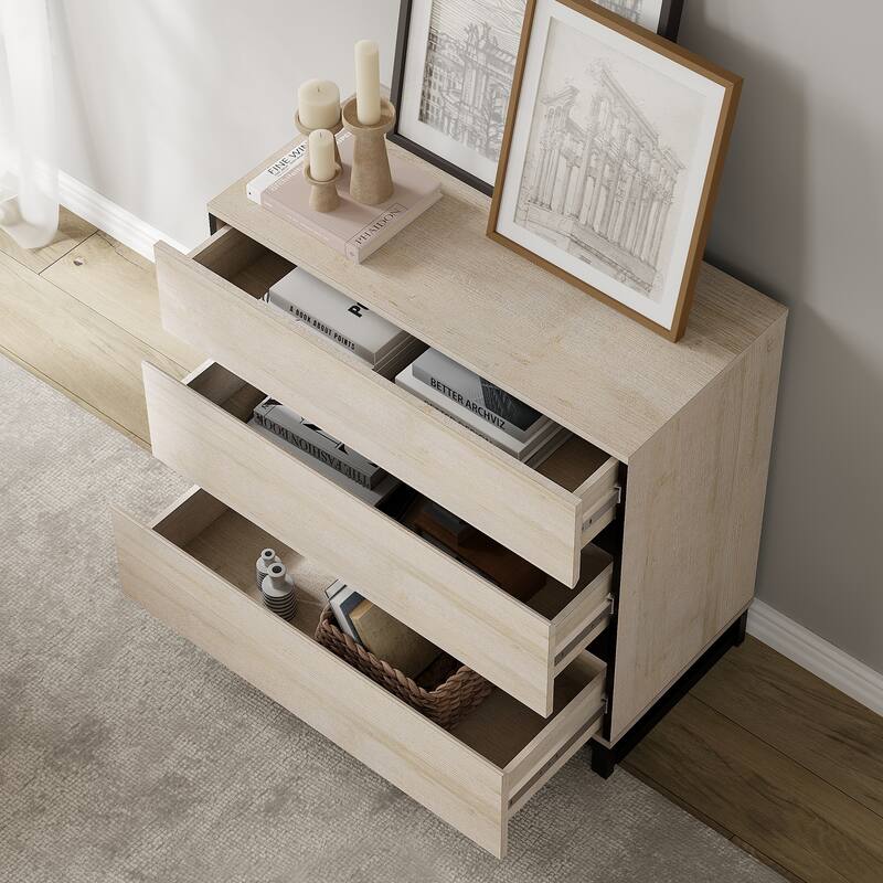 Modern Wooden Dresser for Bedroom and Storage, 6 Drawers with Adjustable Shelves, Metal Base Chest of Drawers