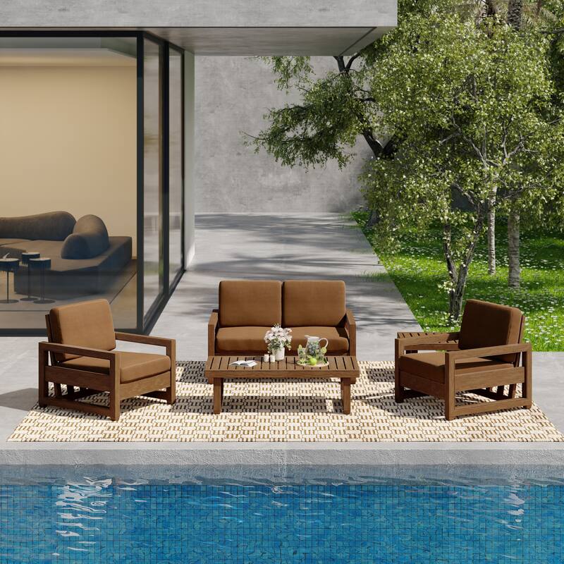 5-Piece Teak Wood Outdoor Patio Conversation Set with Cushion