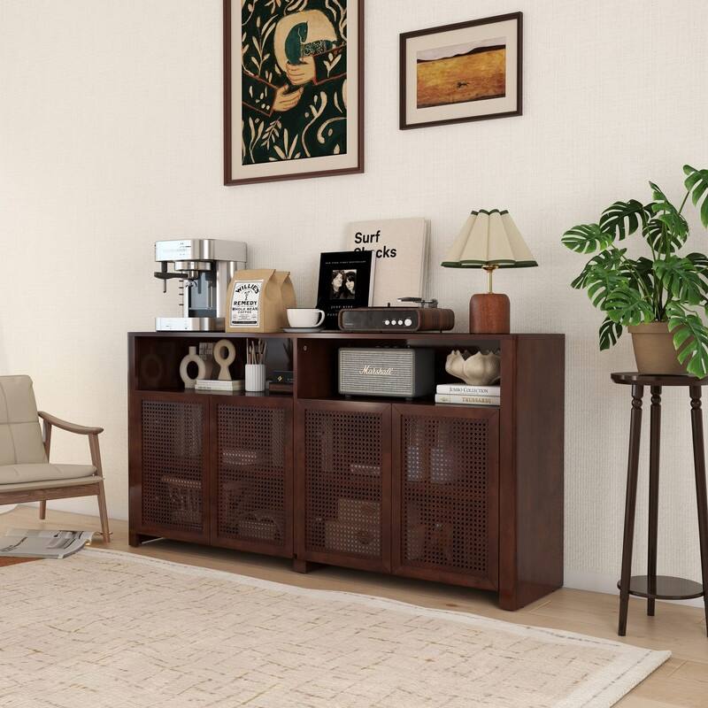 Mid Century Modern 63" Wide 4 - Cane Rattan Door Storage Sideboard with Open Shelf, Wine Bar Credenza for Living Room Entryway