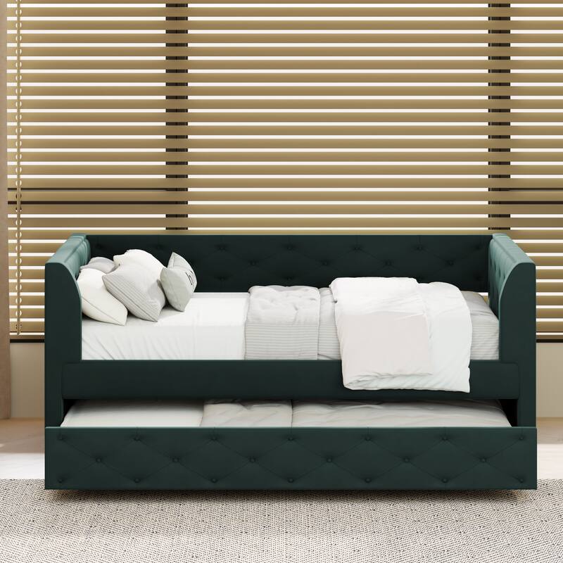 Upholstered Velvet Bed Frame, Twin Size Tufted Daybed with Side Storage Bag, Pull-out Trundle and Button Backrest Headboard