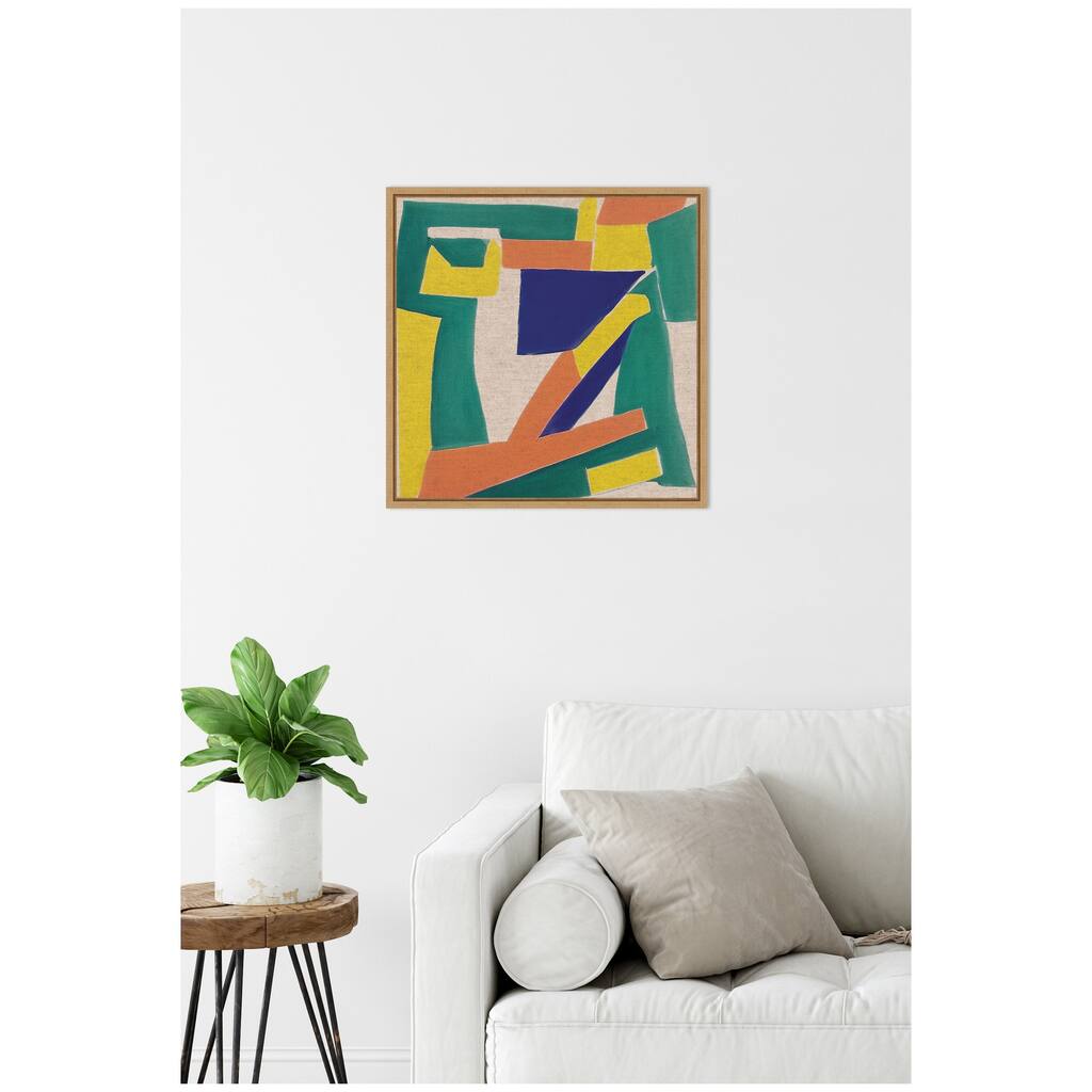 Kate and Laurel Sylvie Retro Refresh Painterly Shapes Neutral Linen Framed Canvas by The Creative Bunch Studio