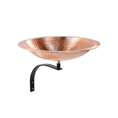 Achla Designs 16" W Round Satin Hammered Solid Copper Birdbath Bowl w/Black Wrought Iron Wall Mount Bracket