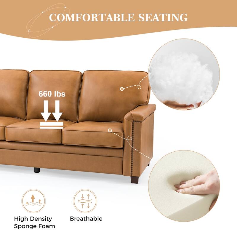 Rita Transitional Living Room 3-Seat Genuine Leather Nailhead Sofa with Solid Wood Legs and Removable Cushions