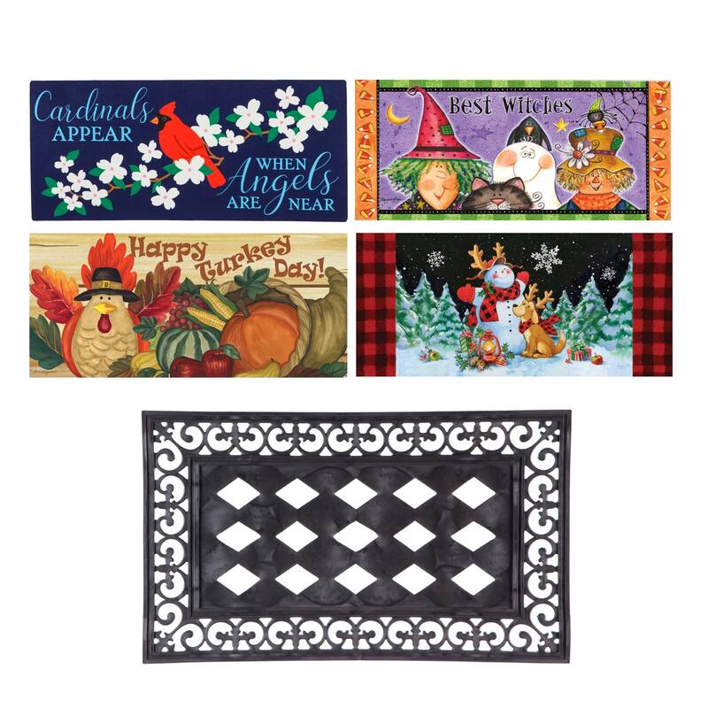 Sassafras Fall Holiday Set of 5 Door Mats with Rubber Display Frame, Collection #6 - Multi-Color
