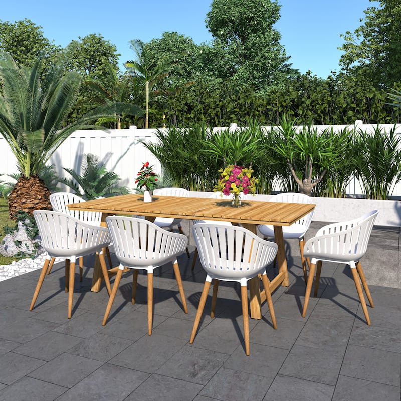 Amazonia Branford 9pc FSC Certified Reclaimed Teak Outdoor Patio Dining set - White Armchair - Wood Legs
