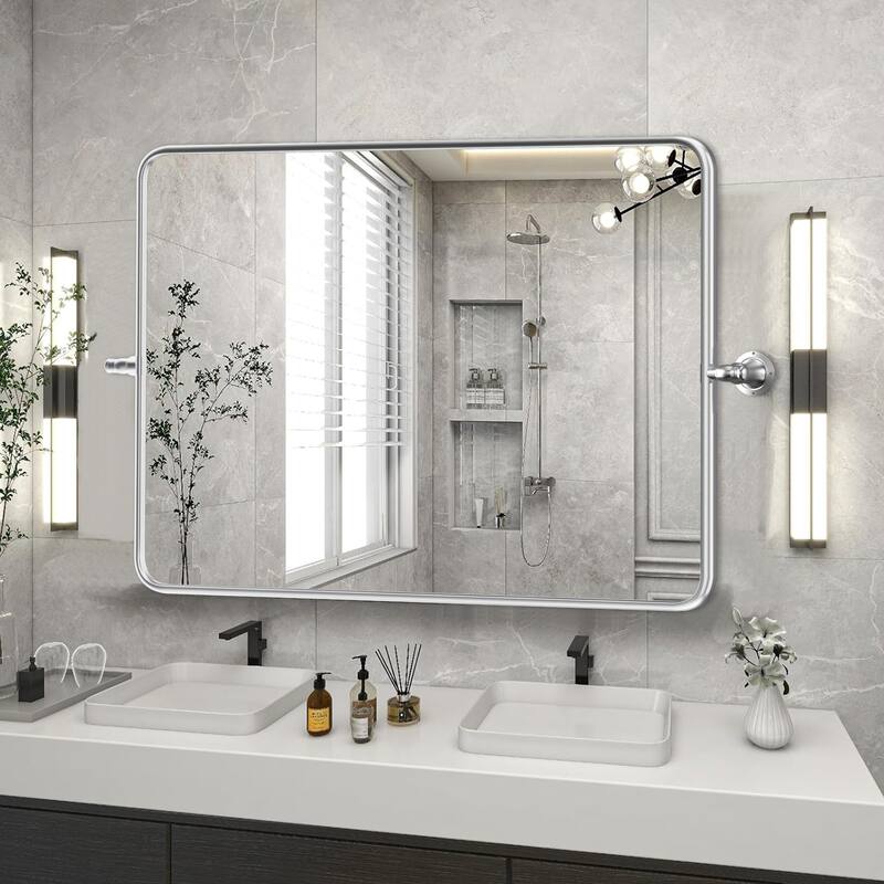 Rectangle Bathroom Tilting Vanity Wall Pivot Mirror, with Rounded Corner Design - 30x40 - Silver