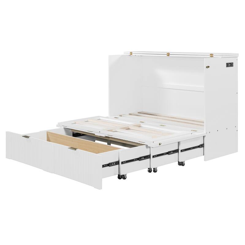 Space-Saving Queen Size Murphy Bed with Drawer, USB Ports, and Pulley Mechanism, Convertible Wall Bed with Flexible Slats