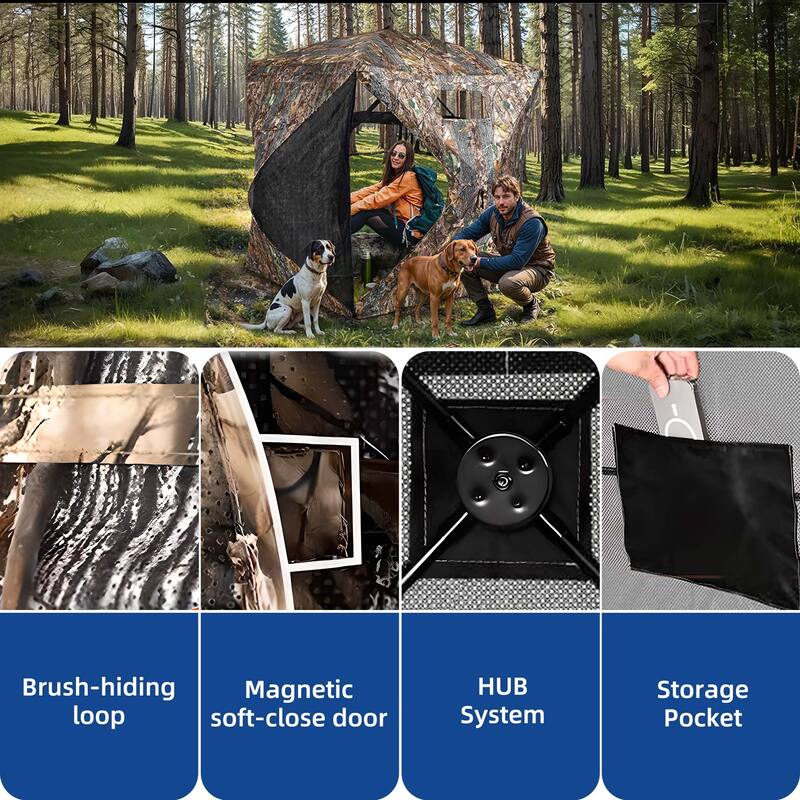Moasis Hunting Blind 2-3 Person with Hunting Stool, 360 Degree See Through Pop up Ground Blinds for Hunting