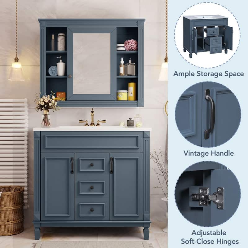 36'' Bathroom Wood Storage Vanity Cabinet with Ceramic Sink, Drawers