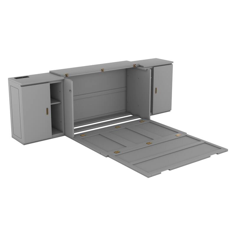 Full Size Murphy Bed Cabinet with Storage Shelves and USB Ports, Wooden Floor Bedframe, Foldable/Space Saving Design