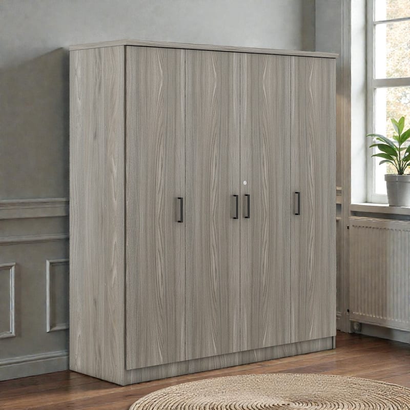 4 Door Wardrobe Closet with Drawer and Hanging Rail, Modern MDF Bedroom Armoire Storage Cabinet