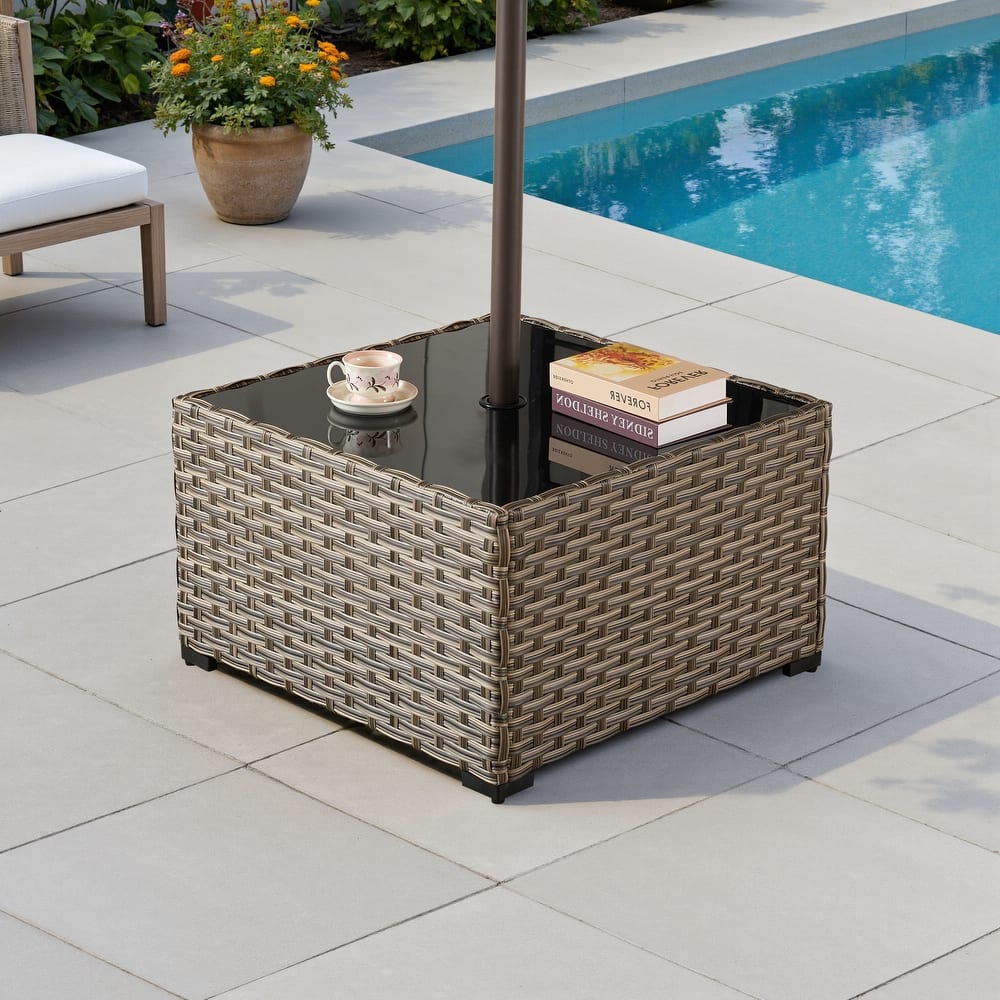 HOOOWOOO Wicker Rattan Patio Square Coffee Table with Umbrella Hole