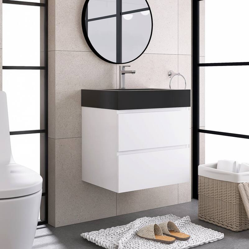 24"/30"/36" Wall-Mounted Bathroom Vanity Set with Black Integrated Quartz Sand Sink