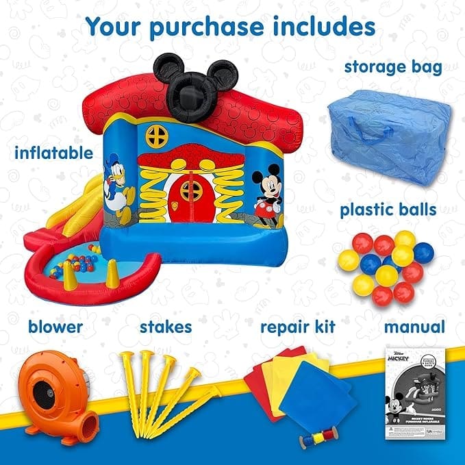 Disney Mickey Mouse Bounce House with Slide, Indoor Outdoor Inflatable Bouncy Castle Funhouse Ball Pit for Kids Ages 3-8