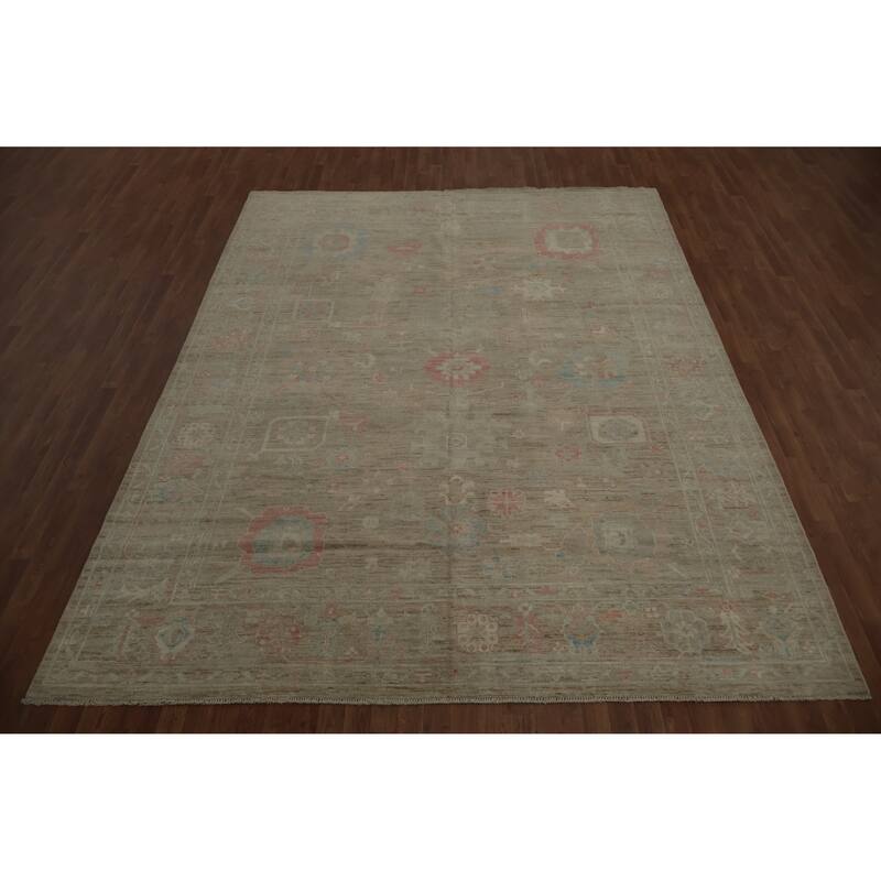 Hand Knotted Oriental 100% Wool Carpet Transitional All-Over Brown Oushak Area Rug - 12' 0'' X 9' 0''