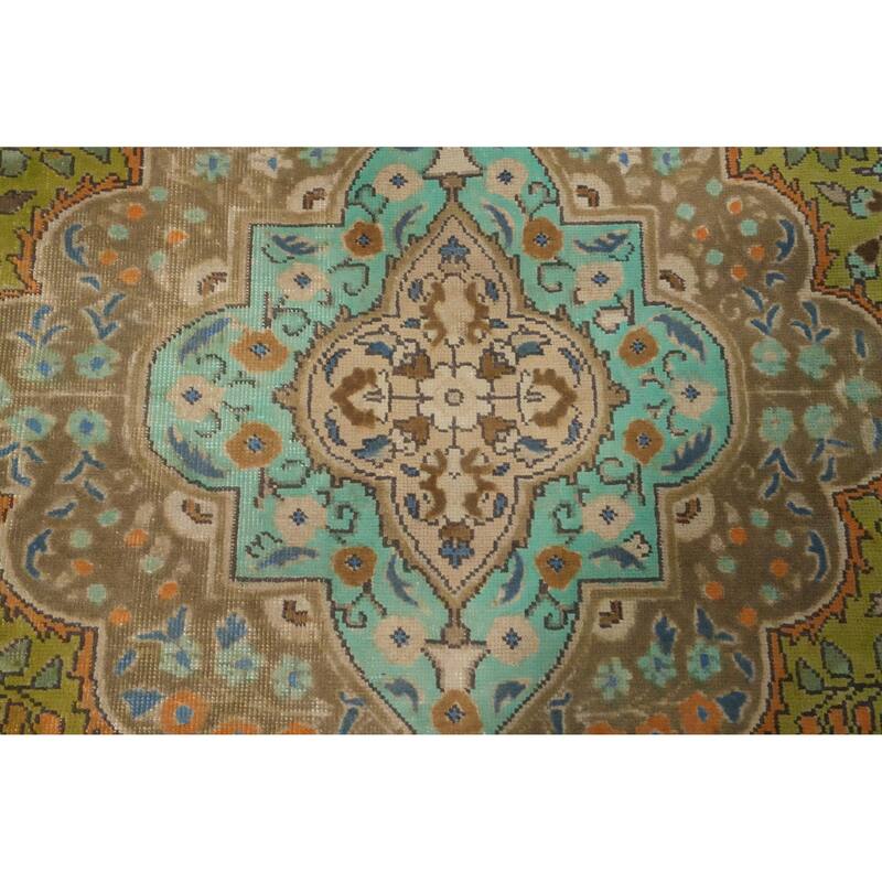 Hand Knotted Oriental 100% Wool Carpet Traditional Floral Green Tabriz Area Rug - 11' 1'' X 8' 2''