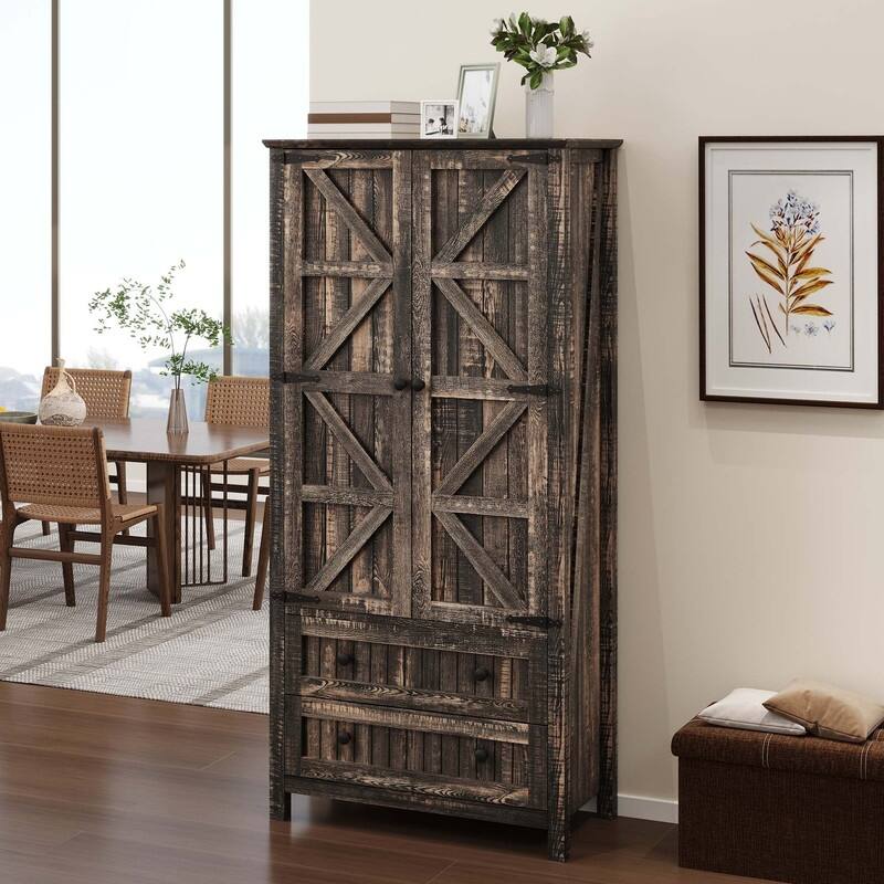 Moasis 64" Farmhouse Tall Kitchen Pantry Storage Cabinet with 2 Drawers & Doors - 64"H - Rustic Oak