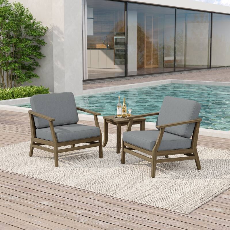 2 Set Patio Teak Wood Outdoor Chair and Side Table Set with Cushions