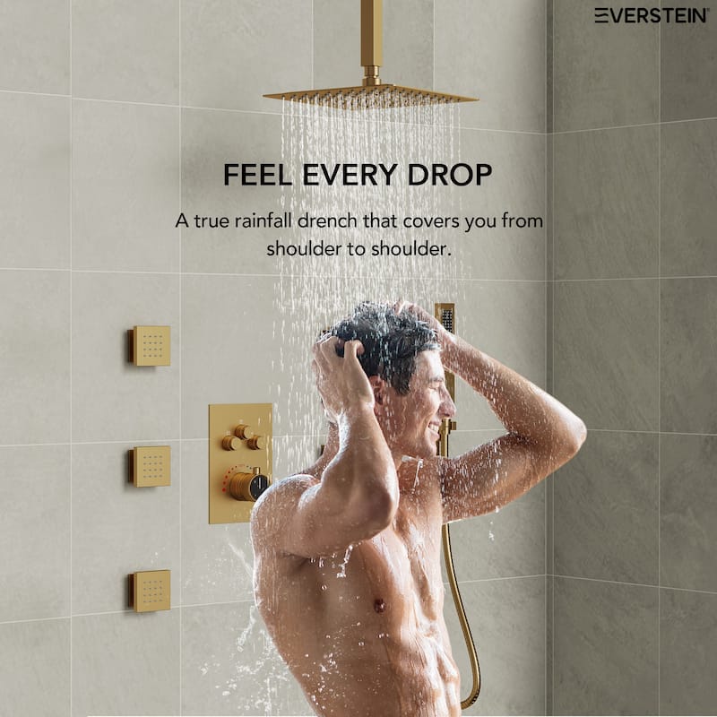 Shower System 12" Ceiling Rain Shower Head with 3-Way Thermostatic Faucet & Body Jets