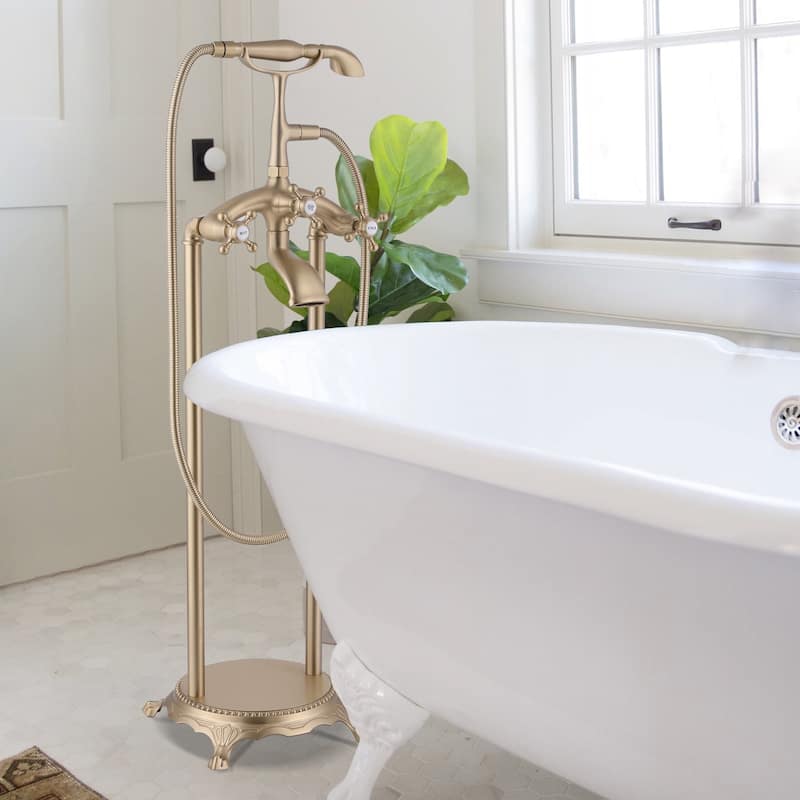 39.37"H Solid Brass 3 Handle Floor Mounted Clawfoot Tub Faucet with Diverter