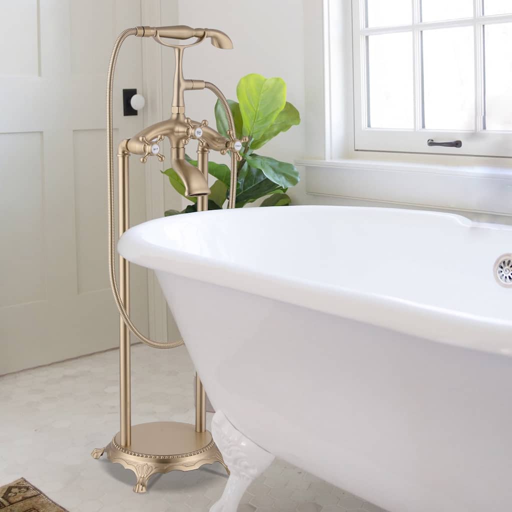 39.37"H Solid Brass 3 Handle Floor Mounted Clawfoot Tub Faucet with Diverter